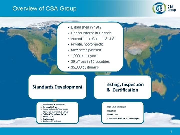 Overview of CSA Group • Established in 1919 • Headquartered in Canada • Accredited