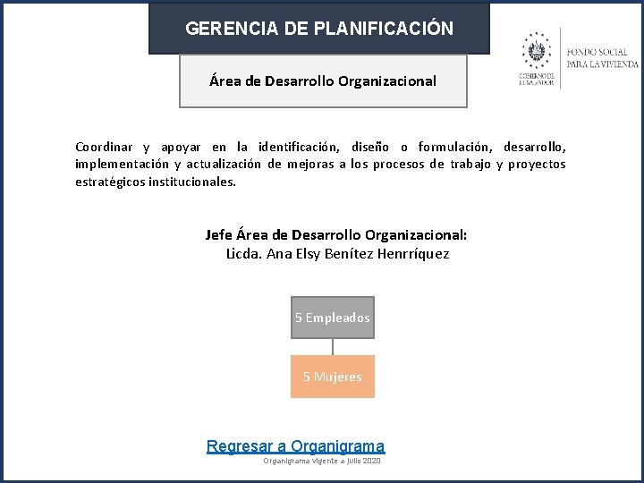 GERENCIA DE PLANIFICACIÓN Área de Desarrollo Organizacional Coordinar y apoyar en la identificación, diseño