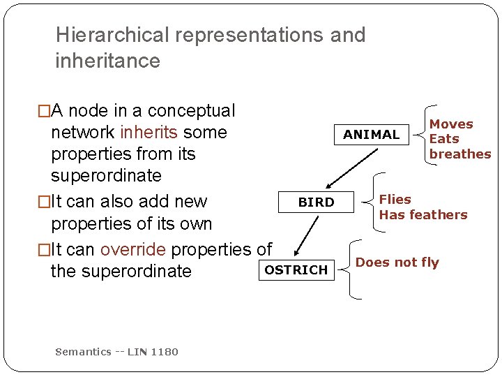 Hierarchical representations and inheritance �A node in a conceptual network inherits some properties from