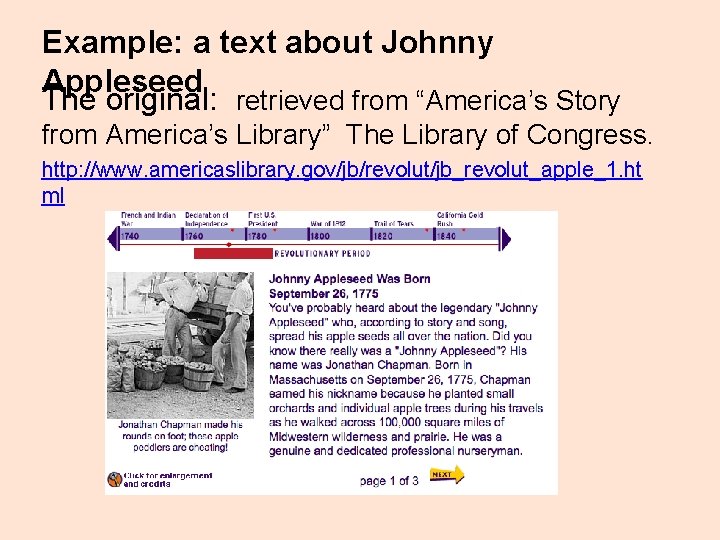 Example: a text about Johnny Appleseed The original: retrieved from “America’s Story from America’s