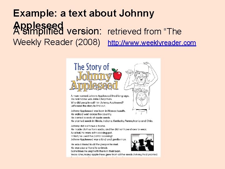 Example: a text about Johnny Appleseed A simplified version: retrieved from “The Weekly Reader