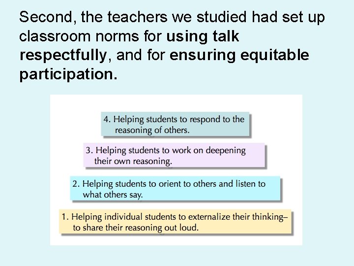 Second, the teachers we studied had set up classroom norms for using talk respectfully,
