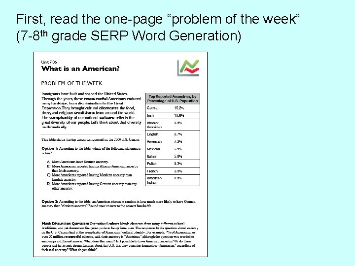 First, read the one-page “problem of the week” (7 -8 th grade SERP Word