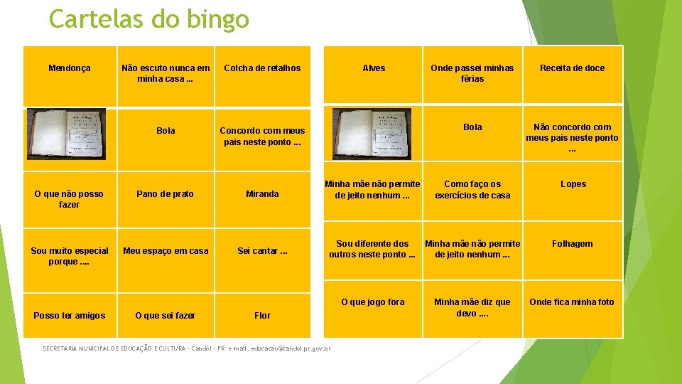 Cartelas do bingo Mendonça Não escuto nunca em minha casa. . . Colcha de