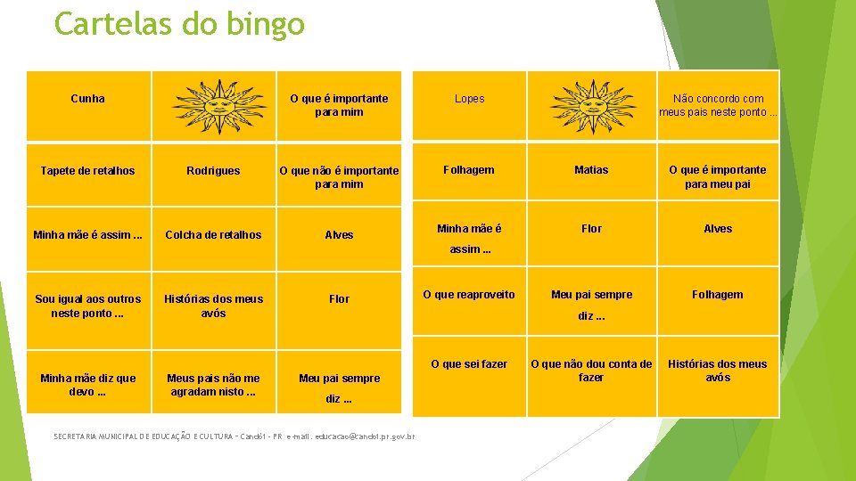 Cartelas do bingo Cunha O que é importante para mim Lopes Folhagem Matias O