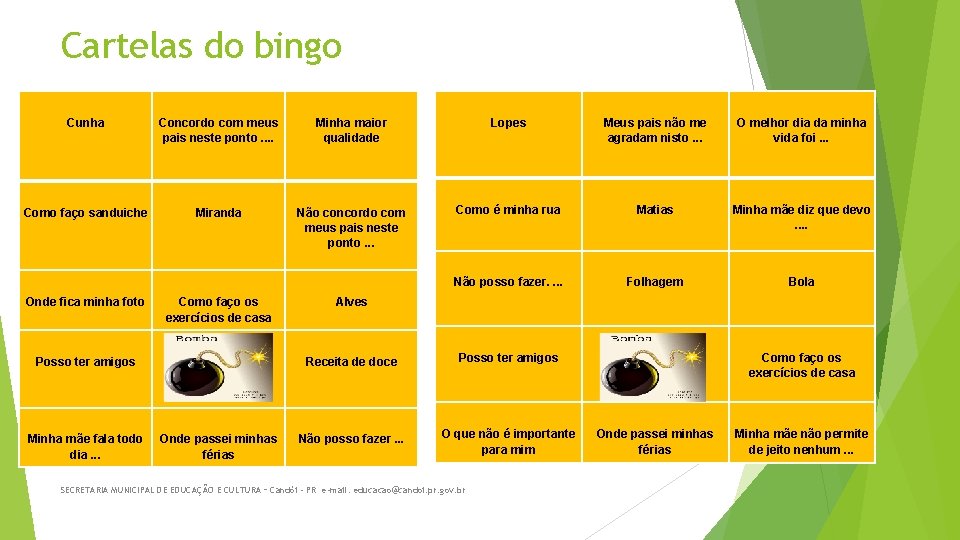 Cartelas do bingo Cunha Como faço sanduiche Concordo com meus pais neste ponto. .