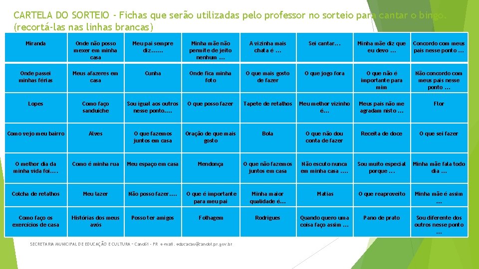 CARTELA DO SORTEIO - Fichas que serão utilizadas pelo professor no sorteio para cantar