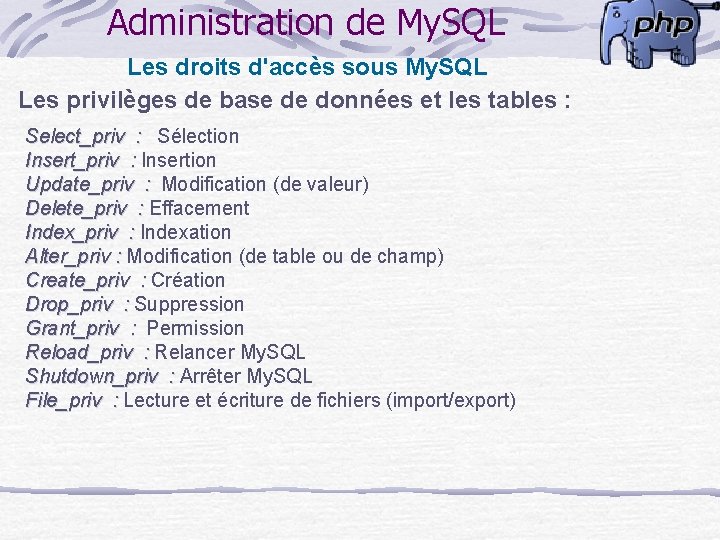 Administration de My. SQL Les droits d'accès sous My. SQL Les privilèges de base