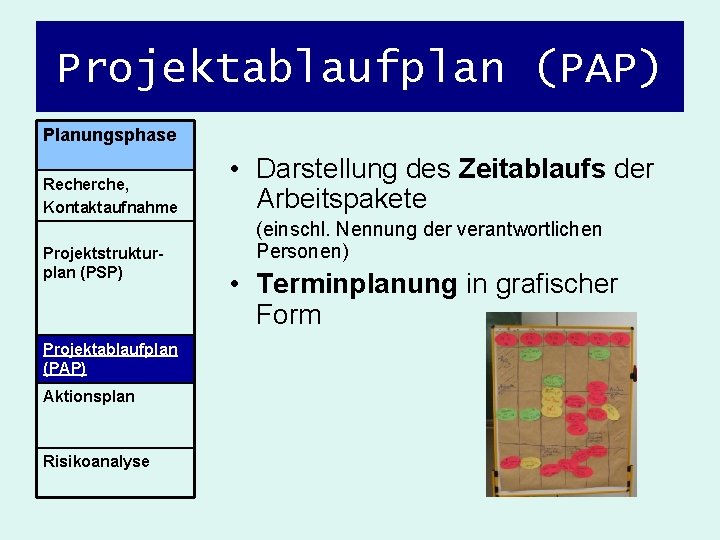 Projektablaufplan (PAP) Planungsphase Recherche, Kontaktaufnahme Projektstrukturplan (PSP) Projektablaufplan (PAP) Aktionsplan Risikoanalyse • Darstellung des