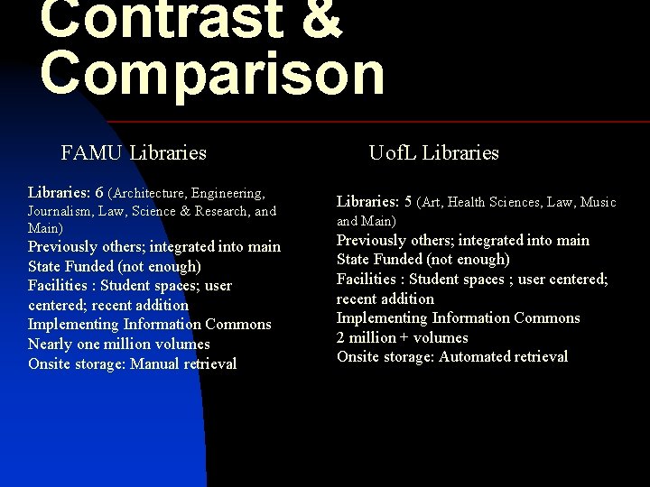 Contrast & Comparison FAMU Libraries: 6 (Architecture, Engineering, Journalism, Law, Science & Research, and