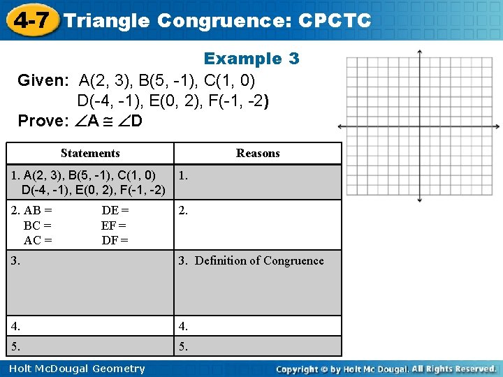 4 -7 Triangle Congruence: CPCTC Example 3 Given: A(2, 3), B(5, -1), C(1, 0)