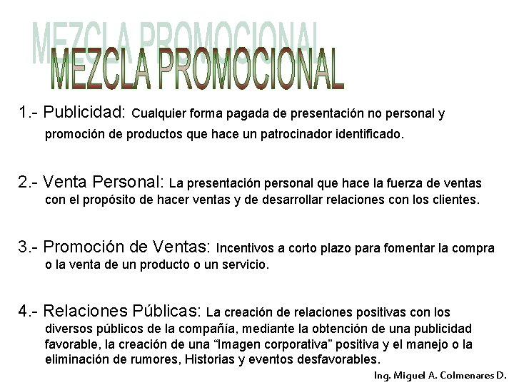 1. - Publicidad: Cualquier forma pagada de presentación no personal y promoción de productos