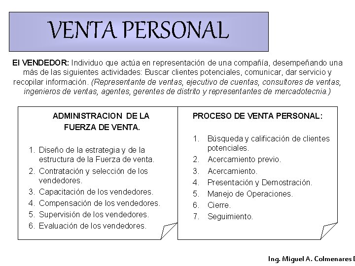 VENTA PERSONAL El VENDEDOR: Individuo que actúa en representación de una compañía, desempeñando una