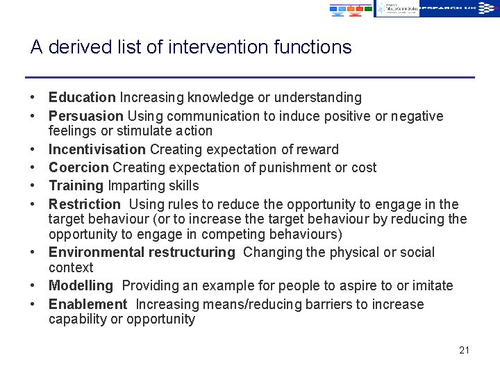 A derived list of intervention functions • Education Increasing knowledge or understanding • Persuasion