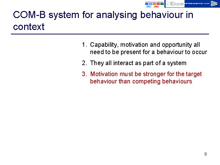 COM-B system for analysing behaviour in context 1. Capability, motivation and opportunity all need