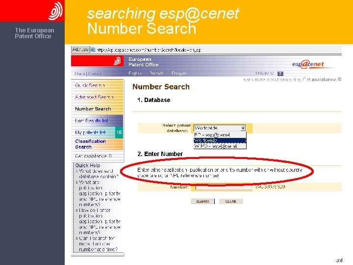 The European Patent Office searching esp@cenet Number Search 39 