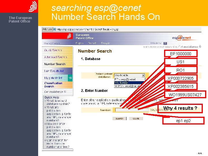 The European Patent Office searching esp@cenet Number Search Hands On EP 1000000 US 1
