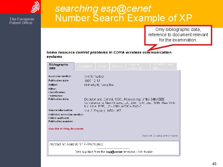 The European Patent Office searching esp@cenet Number Search Example of XP Only bibliographic data,