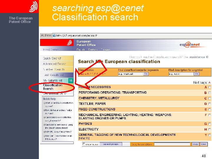 The European Patent Office searching esp@cenet Classification search 48 