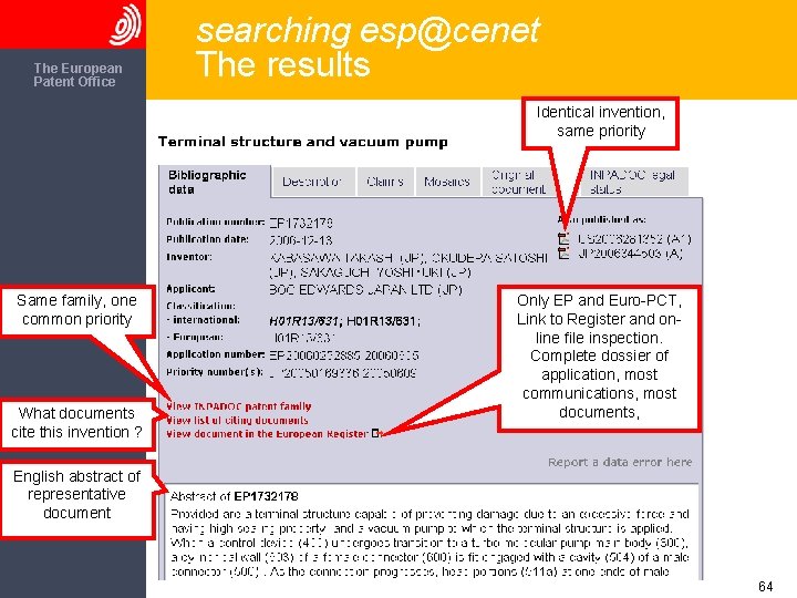 The European Patent Office searching esp@cenet The results Identical invention, same priority Same family,