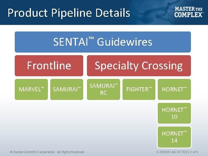 Product Pipeline Details SENTAI™ Guidewires Frontline MARVEL™ SAMURAI™ Specialty Crossing SAMURAI™ RC FIGHTER™ HORNET™