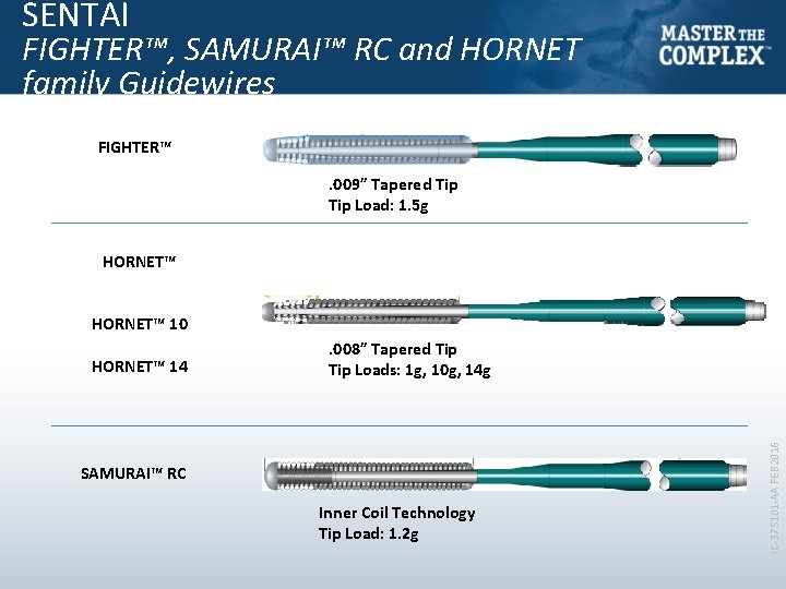 SENTAI FIGHTER™, SAMURAI™ RC and HORNET family Guidewires FIGHTER™. 009” Tapered Tip Load: 1.