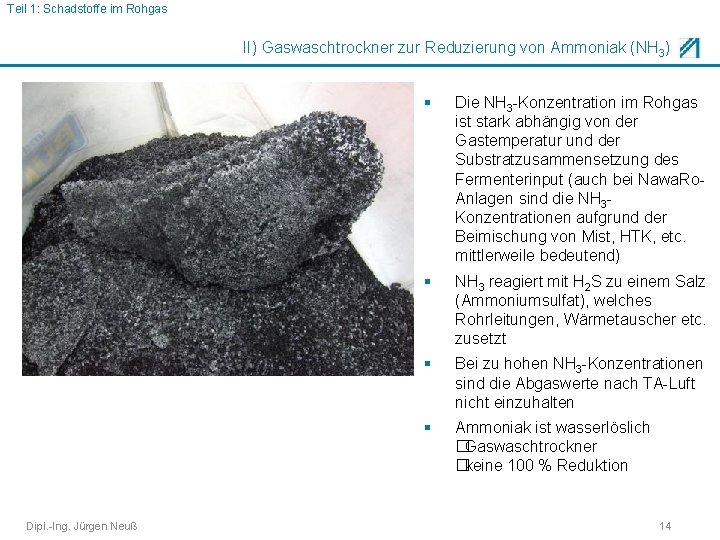 Teil 1: Schadstoffe im Rohgas II) Gaswaschtrockner zur Reduzierung von Ammoniak (NH 3) Dipl.