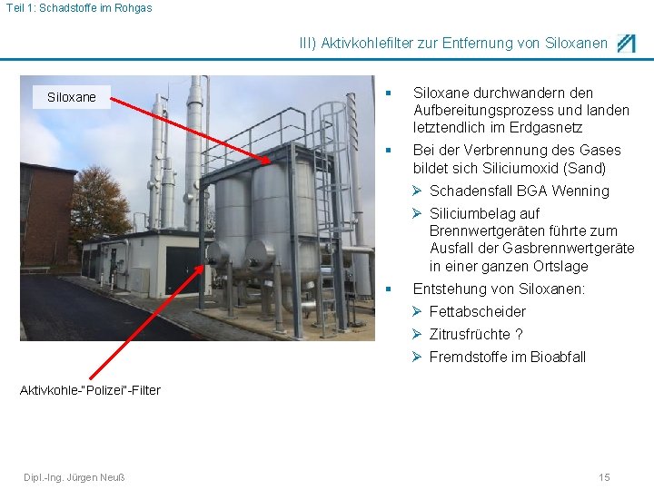 Teil 1: Schadstoffe im Rohgas III) Aktivkohlefilter zur Entfernung von Siloxane § Siloxane durchwandern