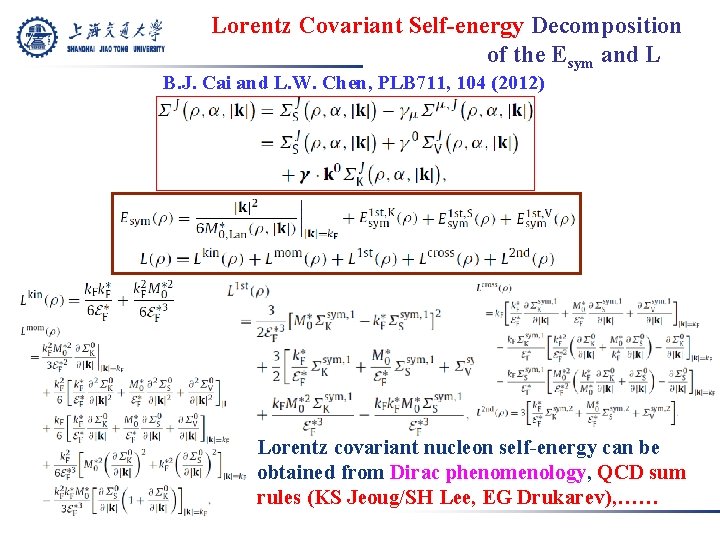 Lorentz Covariant Self-energy Decomposition of the Esym and L B. J. Cai and L.
