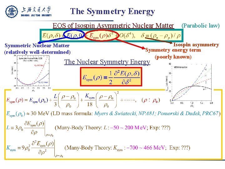 The Symmetry Energy EOS of Isospin Asymmetric Nuclear Matter Symmetric Nuclear Matter (relatively well-determined)