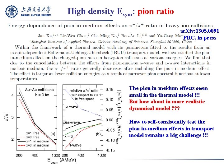 High density Esym: pion ratio ar. Xiv: 1305. 0091 PRC, in press The pion