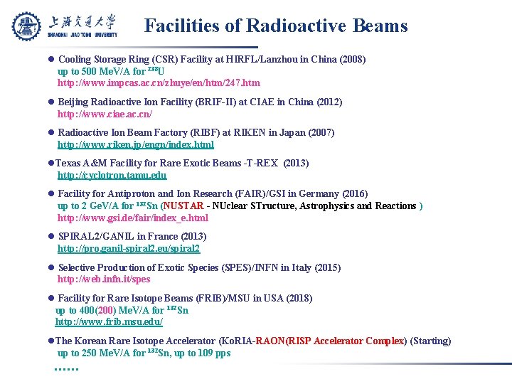 Facilities of Radioactive Beams l Cooling Storage Ring (CSR) Facility at HIRFL/Lanzhou in China