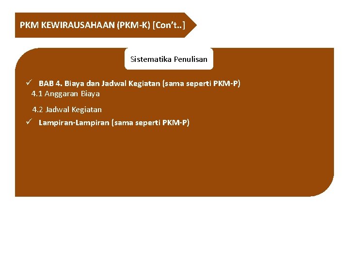 PKM KEWIRAUSAHAAN (PKM-K) [Con’t. . ] Sistematika Penulisan ü BAB 4. Biaya dan Jadwal