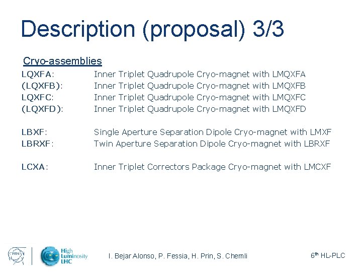 Description (proposal) 3/3 Cryo-assemblies LQXFA: (LQXFB): LQXFC: (LQXFD): Inner Triplet Quadrupole Cryo-magnet with LMQXFA