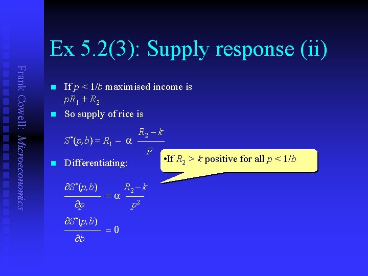 Ex 5. 2(3): Supply response (ii) Frank Cowell: Microeconomics n n If p <