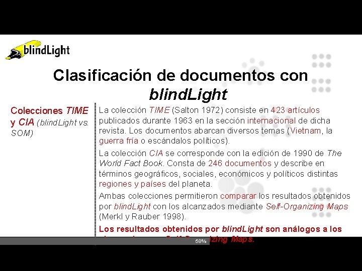 Clasificación de documentos con blind. Light Colecciones TIME y CIA (blind. Light vs. SOM)