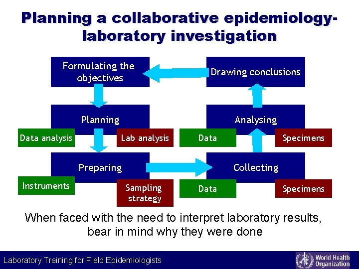 Planning a collaborative epidemiologylaboratory investigation Formulating the objectives Drawing conclusions Planning Analysing Data analysis