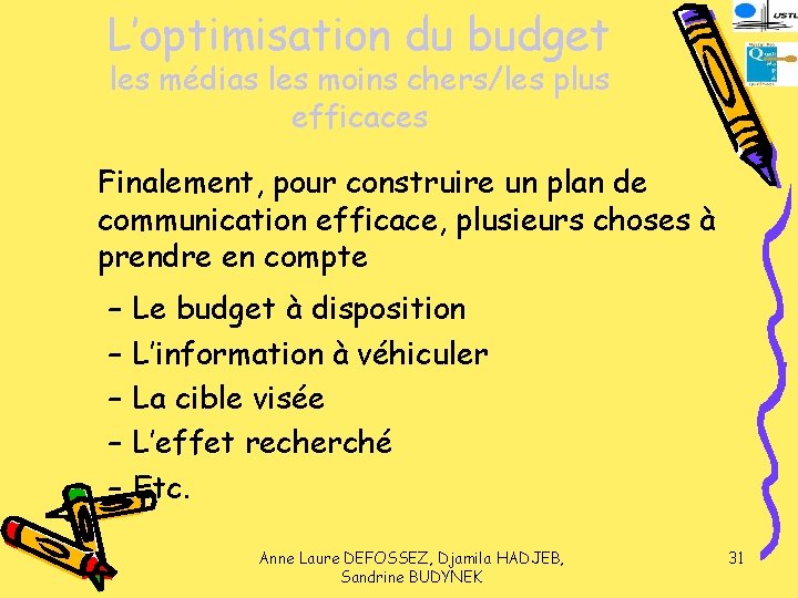 L’optimisation du budget les médias les moins chers/les plus efficaces Finalement, pour construire un