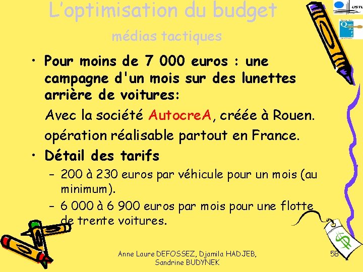 L’optimisation du budget médias tactiques • Pour moins de 7 000 euros : une