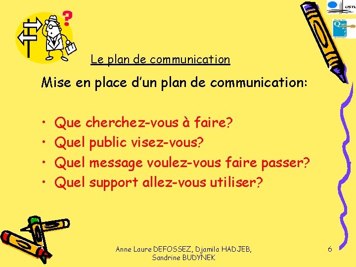 Le plan de communication Mise en place d’un plan de communication: • • Que