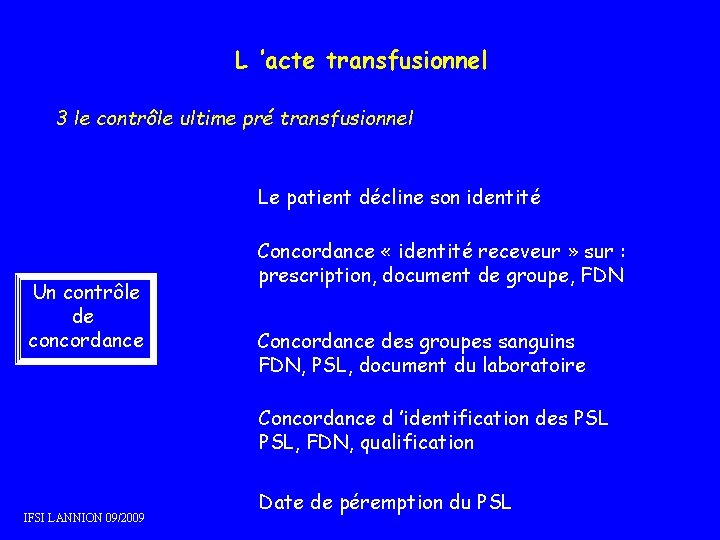 L ’acte transfusionnel 3 le contrôle ultime pré transfusionnel Le patient décline son identité L ’acte transfusionnel 3 le contrôle ultime pré transfusionnel Le patient décline son identité