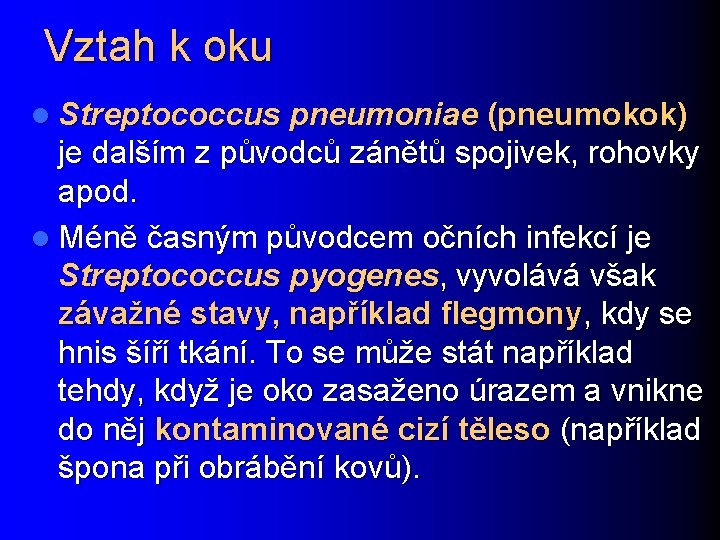 Vztah k oku l Streptococcus pneumoniae (pneumokok) je dalším z původců zánětů spojivek, rohovky