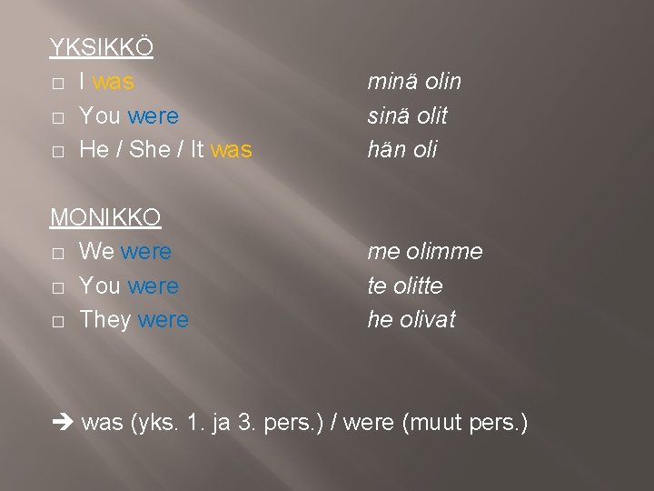 YKSIKKÖ � I was � You were � He / She / It was