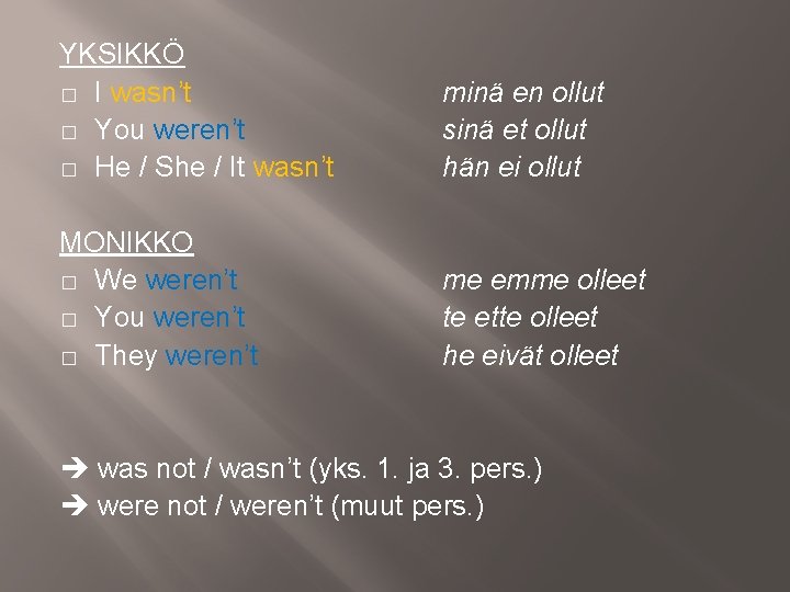 YKSIKKÖ � I wasn’t � You weren’t � He / She / It wasn’t