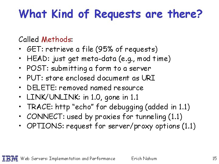 What Kind of Requests are there? Called Methods: • GET: retrieve a file (95%