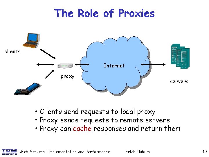 The Role of Proxies clients Internet proxy servers • Clients send requests to local