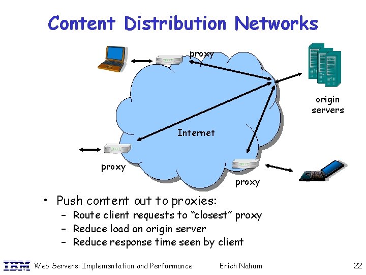 Content Distribution Networks proxy origin servers Internet proxy • Push content out to proxies: