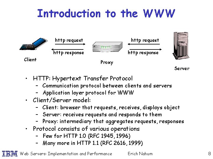 Introduction to the WWW http request http response Client Proxy Server • HTTP: Hypertext