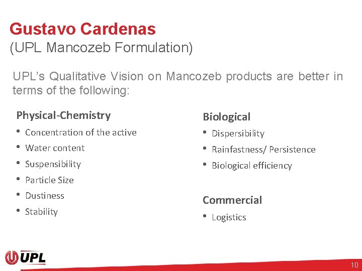 Gustavo Cardenas (UPL Mancozeb Formulation) UPL’s Qualitative Vision on Mancozeb products are better in