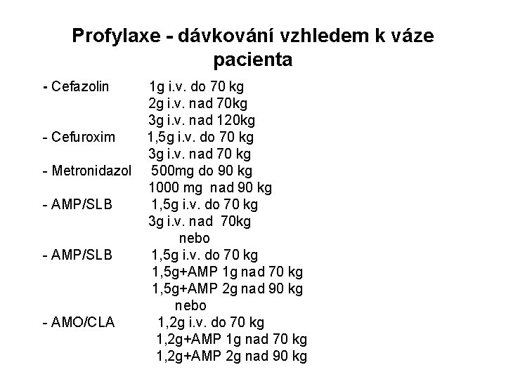 Profylaxe - dávkování vzhledem k váze pacienta - Cefazolin 1 g i. v. do